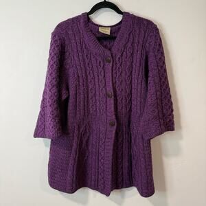 Kilronan Knitwear Cardigan Sweater Button Front Purple Merino Wool Irish XL